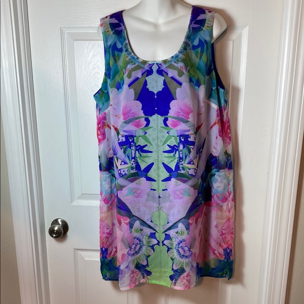 Floral Tropical Blue and Green Sleeveless Scoop Neck Sundress Size 16